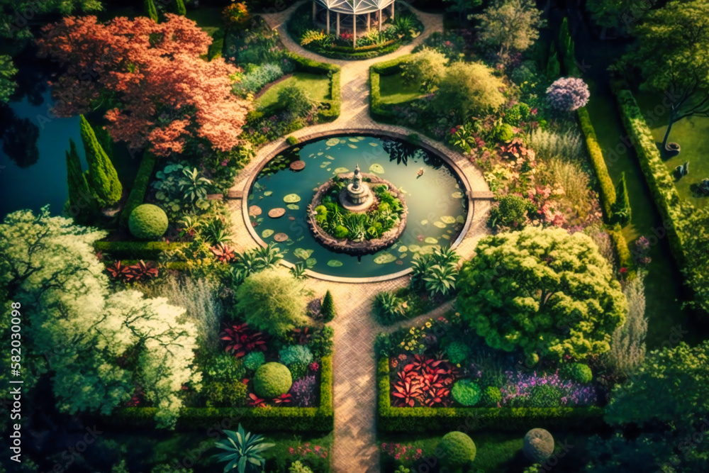 An aerial view background highlights the beauty of a landscaped garden or park