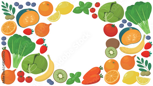 Vegetable and fruit background with copy space in the center.
