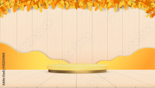 Autumn Display Podium Decoration Background with Autumn Leaves on Wood Wall,Vector Empty minimal Studio room for product template design for Autumn,Fall Season,Backdrop Banner for Product presentation