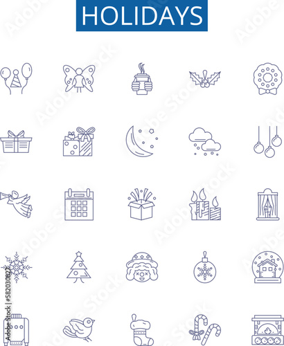 Holidays line icons signs set. Design collection of Vacation, Festive, Trip, Break, Celebratory, Restful, Fun, Joyful outline concept vector illustrations