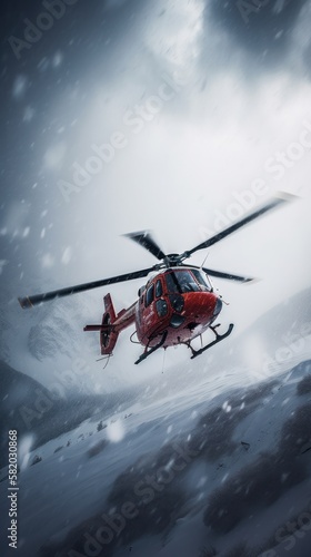 Rescue chopper during blizzard in the sky. Gen AI