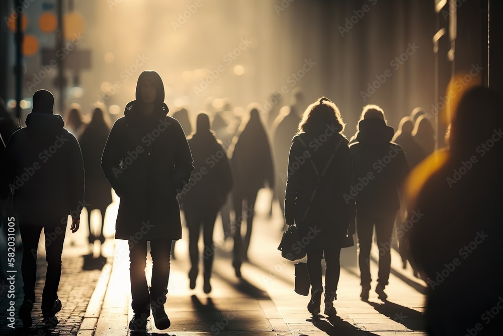 Silhouettes of people walking in the streets. City life. Generative AI.