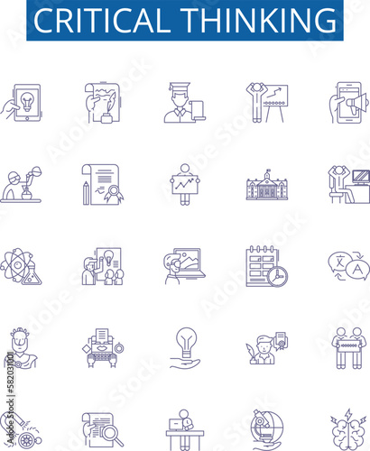 Critical thinking line icons signs set. Design collection of Analyzing, Evaluating, Reasoning, Inferring, Investigating, Synthesizing, Interpreting, Conceptualizing outline concept vector