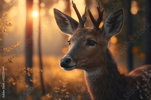 Young brown deer in forest. Generative AI.