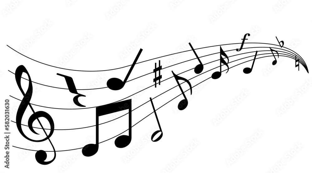 メロディーが流れる、譜面のウェーブ。ト音記号と音符の楽譜イラスト。 メロディーが流れる、譜面のウェーブ。ト音記号と音符の楽譜イラスト。
