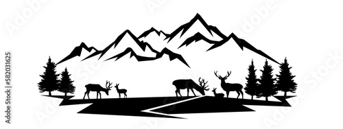 Black silhouette of deer mountains peaks and forest fir trees camping landscape mountain peak panorama illustration icon vector for logo, isolated on white background..