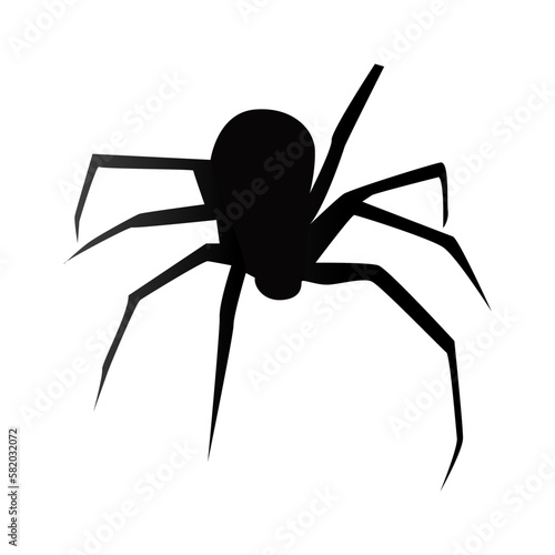 Spider Black Widow. Black bug spider silhouette, isolated white background. Scary Halloween icon, symbol horror, animal arachnid, creepy dangerous insect, arachnophobia fear. Vector illustration.