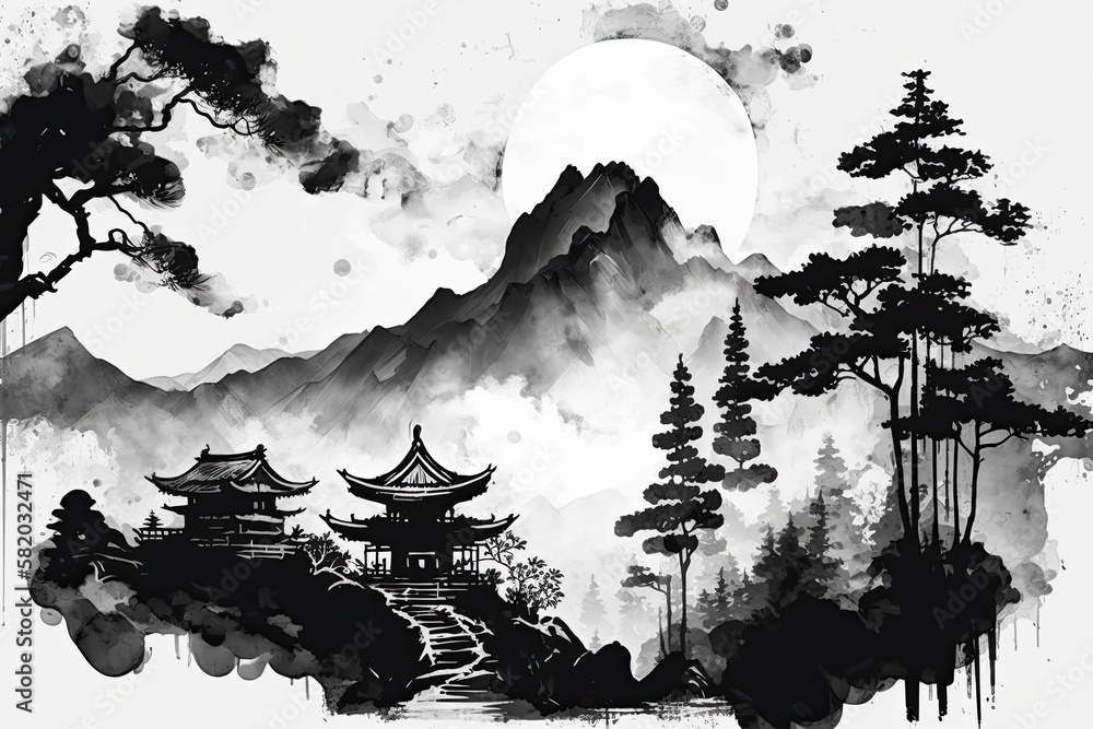 Chinese ink landscape painting created digitally,Chinese traditional ink drawing technique. handmade watercolor drawing. Generative AI