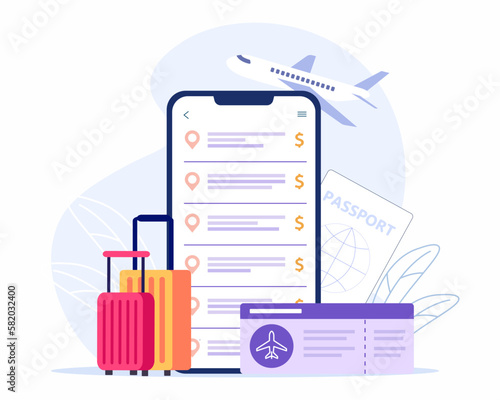 Buying ticket with smartphone, Flight tickets online booking concept, travel equipment and luggage.