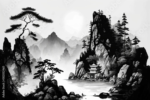 Chinese ink landscape painting created digitally Chinese traditional ink drawing technique. handmade watercolor drawing. Generative AI