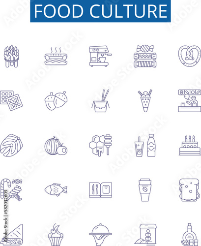 Food culture line icons signs set. Design collection of Cuisine, Gourmet, Gastronomy, Dishware, Recipes, Etiquette, Banquet, Dietary outline concept vector illustrations