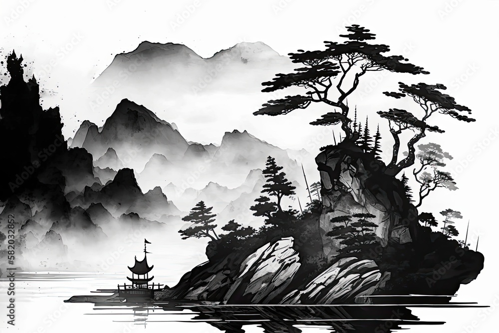 Chinese ink landscape painting created digitally,Chinese traditional ink  drawing technique. handmade watercolor drawing. Generative AI Stock  Illustration | Adobe Stock