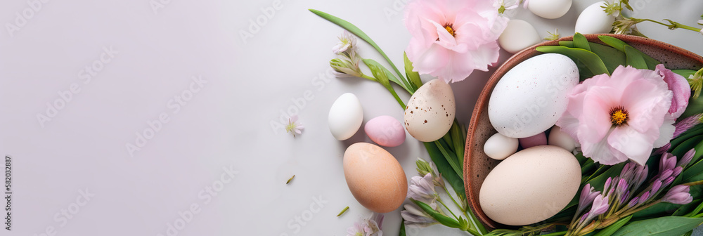 Easter poster and banner template. Spring Easter holiday top view  background with eggs in nests and spring flowers. Greetings and presents for Easter Day.  Space for text. digital ai 