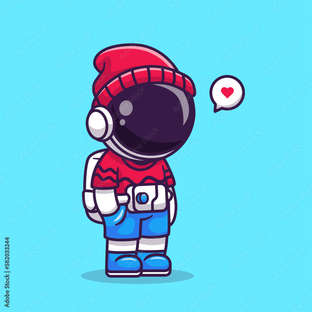 Cute Cool Astronaut Wearing Beanie Hat Cartoon Vector Icon Illustration. Science Technology Icon Concept Isolated Premium Vector. Flat Cartoon Style