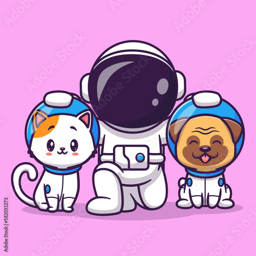Cute Astronaut With Cat And Pug Dog Cartoon Vector Icon Illustration. Science Animal Icon Concept Isolated Premium Vector. Flat Cartoon Style