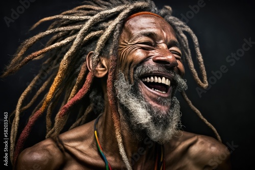 beaming 55-year-old Jamaican man with long dreadlocks, radiating positivity and happiness. Generative AI