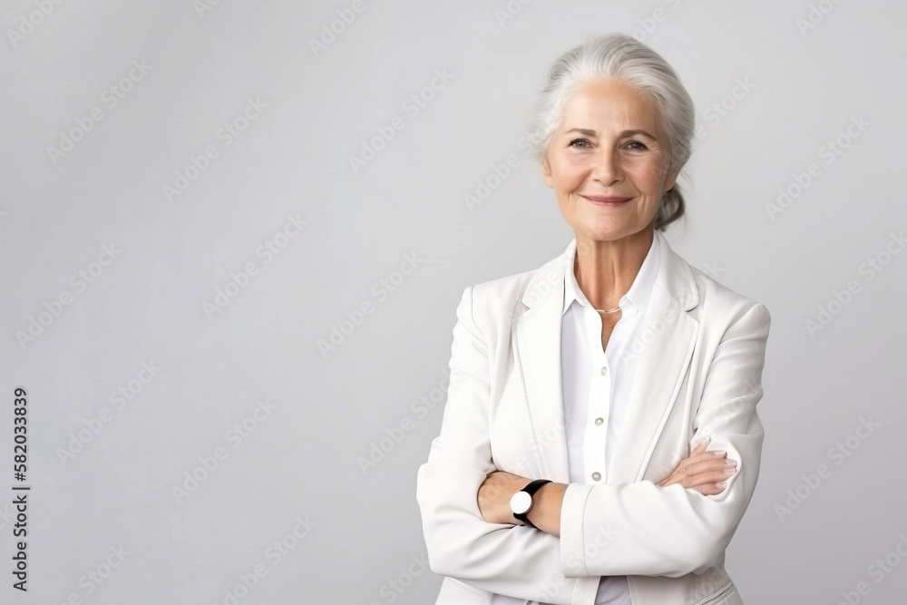 Portrait of a confident elder businesswoman in a suite on the solid white background. Copy space around. Portrait of a confident elder businesswoman in a suite on the solid white background. Copy space around.