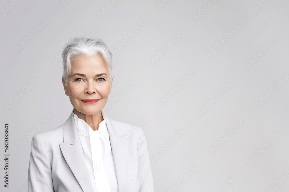 Portrait of a confident elder businesswoman in a suite on the solid white background. Copy space around. Portrait of a confident elder businesswoman in a suite on the solid white background. Copy space around.