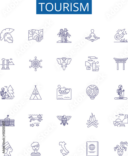 Tourism line icons signs set. Design collection of Travel, Sightseeing, Holiday, Vacation, Adventure, Hotels, Exploring, Trips outline concept vector illustrations