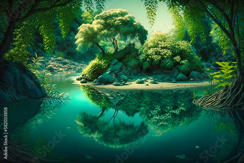 A peaceful green forest scene with a small body of water reflecting the trees