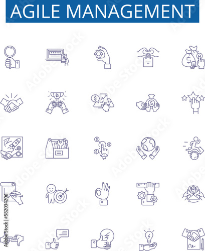 Agile management line icons signs set. Design collection of Agile, Management, Scrum, Sprint, Kanban, Planning, Practices, Iterative outline concept vector illustrations