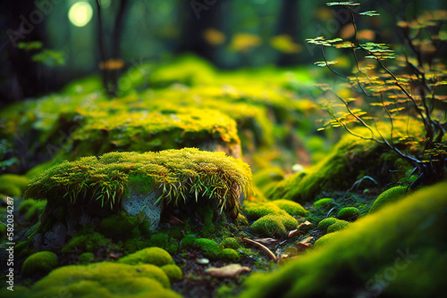 A green forest floor covered in moss and undergrowth