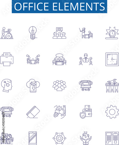 Office elements line icons signs set. Design collection of Desk, Chair, Pen, Printer, Monitor, Keyboard, Computer, File outline concept vector illustrations