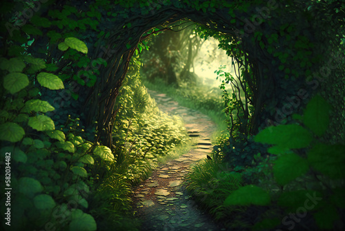 A green forest path overgrown with lush foliage and underbrush