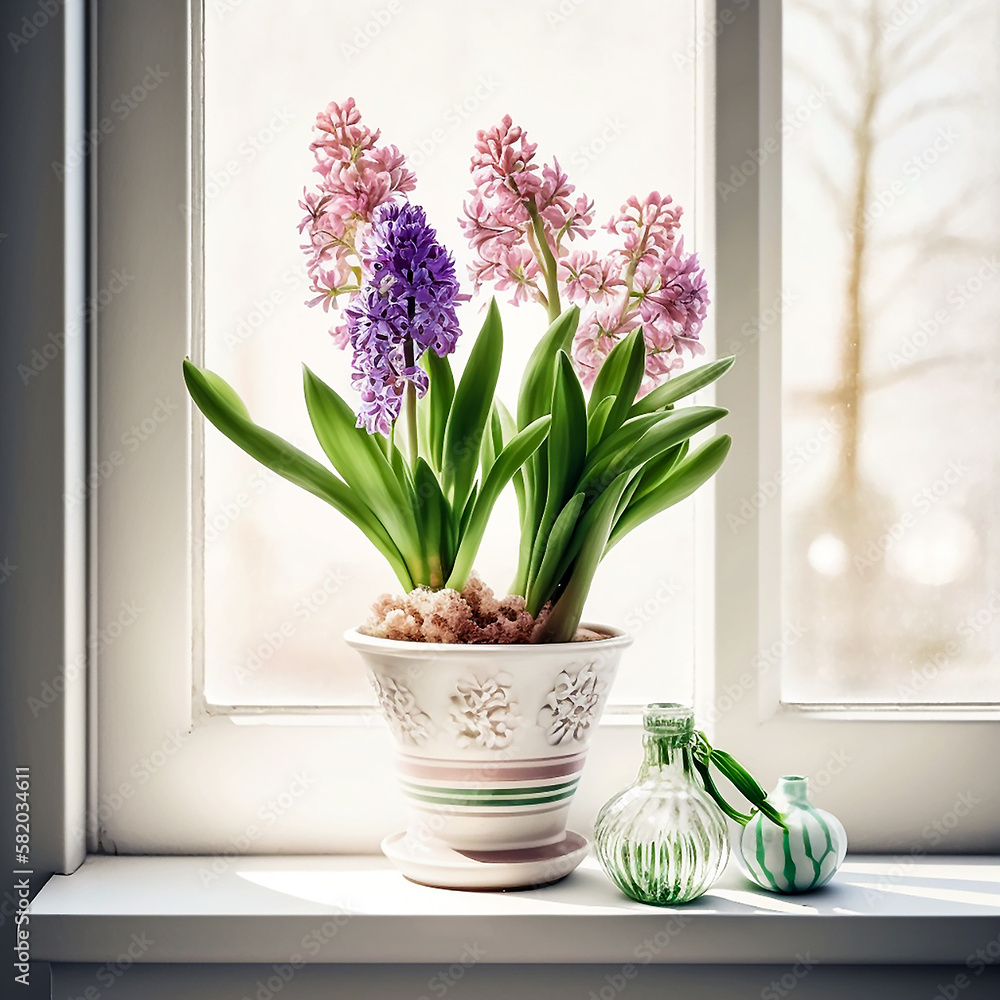 Spring hyacinths in a vase on a light background. AI generativ.