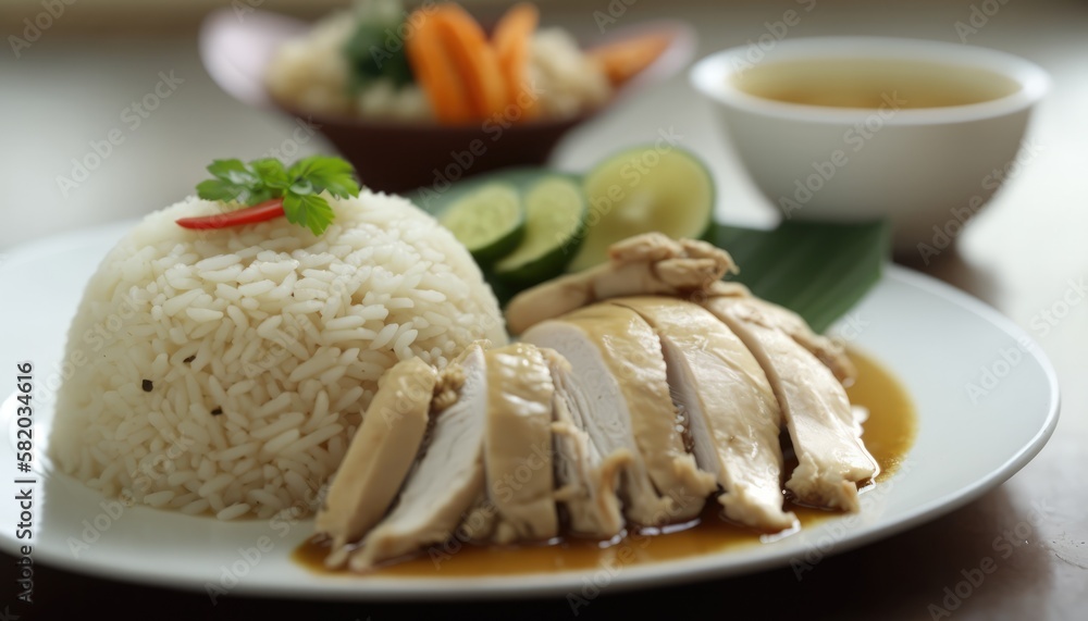 Chicken Rice, Thai Asian Cuisine, noodles, food on the table, stir fried, Asian style cooking, Generative AI Technology Chicken Rice, Thai Asian Cuisine, noodles, food on the table, stir fried, Asian style cooking, Generative AI Technology