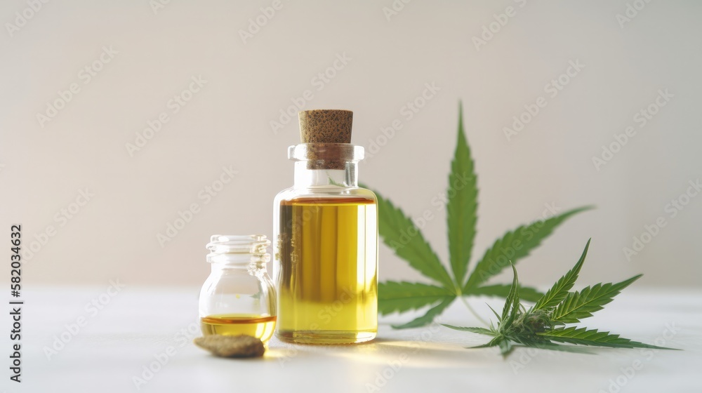 CBD Oil glass bottle with Marijuana leaves , Cannabis liquid, Generative AI Technology CBD Oil glass bottle with Marijuana leaves , Cannabis liquid, Generative AI Technology