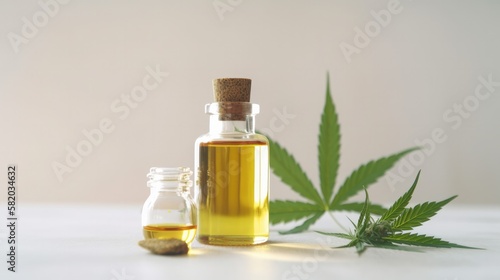 CBD Oil glass bottle with Marijuana leaves , Cannabis liquid, Generative AI Technology