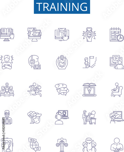 Training line icons signs set. Design collection of Education, Coaching, Tuition, Learning, Drilling, Instruction, Tutoring, Exercise outline concept vector illustrations