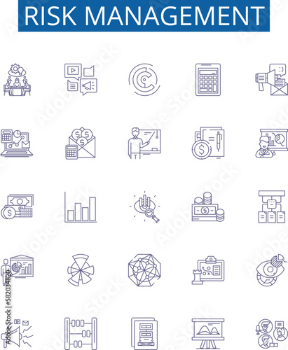 Risk management line icons signs set. Design collection of Risk, Management, Planning, Analysis, Assessment, Mitigation, Evaluation, Control outline concept vector illustrations
