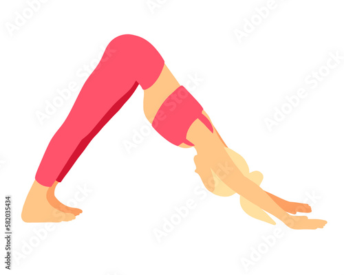 Training pilates yoga pose. Blonde sport ponytail hair female, lady, woman, girl. Meditation, mental health, fitness, gym. Vector illustration in cartoon flat style isolated on white background.