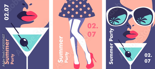 Summer time. Concept of summer party and travel. Perfect background on the theme of season vacation, weekend, beach. Vector illustration in minimalistic style for posters, cover art, flyer, banner.