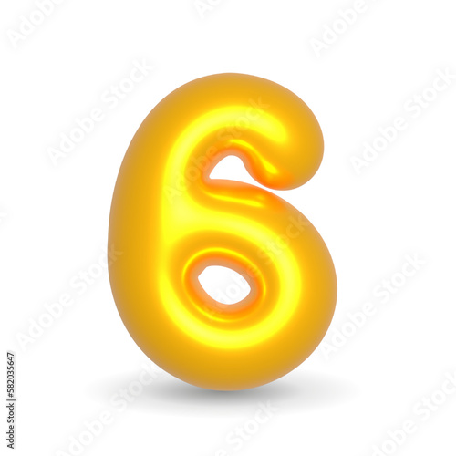 Number Six. 6 Golden Balloon 3d rendered. Realistic design element for events. Happy Birthday, Anniversary Party and events. 3d Render illustration isolated on white background with alpha channel.