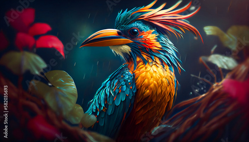 Spectacular Tropical Dreamlike Avian.  Marvelous Unearthly Bird. Generative AI © EwaStudio