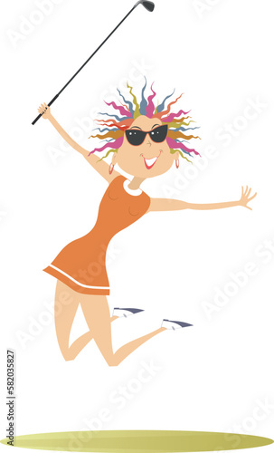 Happy golfer woman on the golf court. 
Jumping golfer woman happy to make a good shot
