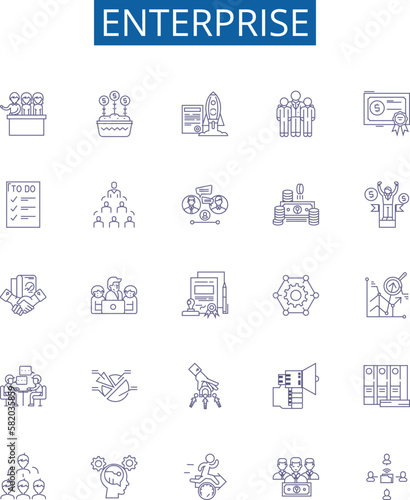 Enterprise line icons signs set. Design collection of Enterprise, business, company, organization, industry, venture, firm, corporate outline concept vector illustrations