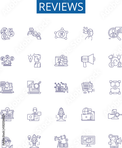 Reviews line icons signs set. Design collection of Reviews, Comment, Feedback, Analysis, Evaluate, Judge, Perception, Appraise outline concept vector illustrations