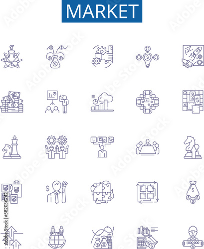 Market line icons signs set. Design collection of Market, Trade, Shopping, Retail, Bazaar, Vend, Exchange, Commercial outline concept vector illustrations