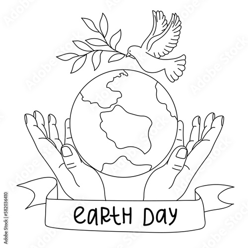 Happy Earth Day. Light male hands hold the globe, the earth, a growing branch. The concept of Earth Day. A modern illustration in the style of a flat cartoon. A simple outline illustration. Print