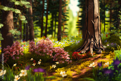Tall trees casting dappled shade over a forest floor covered in wildflowers