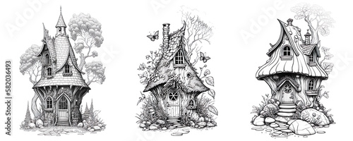 Fantasy Houses Set, Unrealistic Cartoon Drawings - Generative AI photo