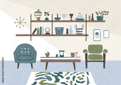 おしゃれなリビングのイラスト レトロなカフェ風の部屋インテリア