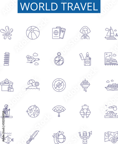 World travel line icons signs set. Design collection of Voyage, Tour, Expedition, Journey, Exploring, Trek, Roam, Sightseeing outline concept vector illustrations
