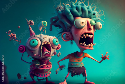 Bedlam of Wacky Individuals.  Psychotic Assembly of Wild Humans.  Crazy Peoples Cartoon Style: Generative AI