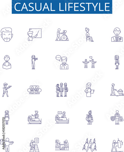Casual lifestyle line icons signs set. Design collection of Casual, Lifestyle, Relaxed, Unstructured, Comfortable, Breezy, Uncomplicated, Carefree outline concept vector illustrations