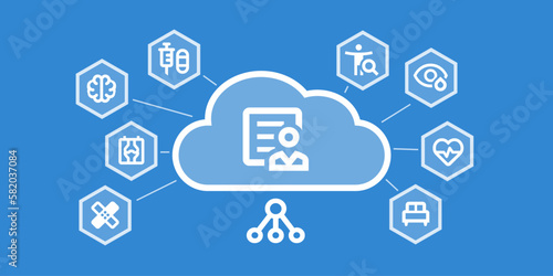 epa Grafik als Symbolbild für die elektronische Patientenakte im Vektorformat. Icons für Daten, Cloud, Arzt, Diagnose und medizinische Versorgung in Waben.